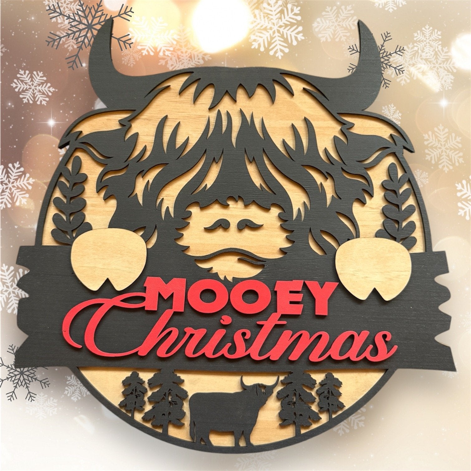 Highland Cow Mooey Christmas handmade laser wood decor 96 and Birch