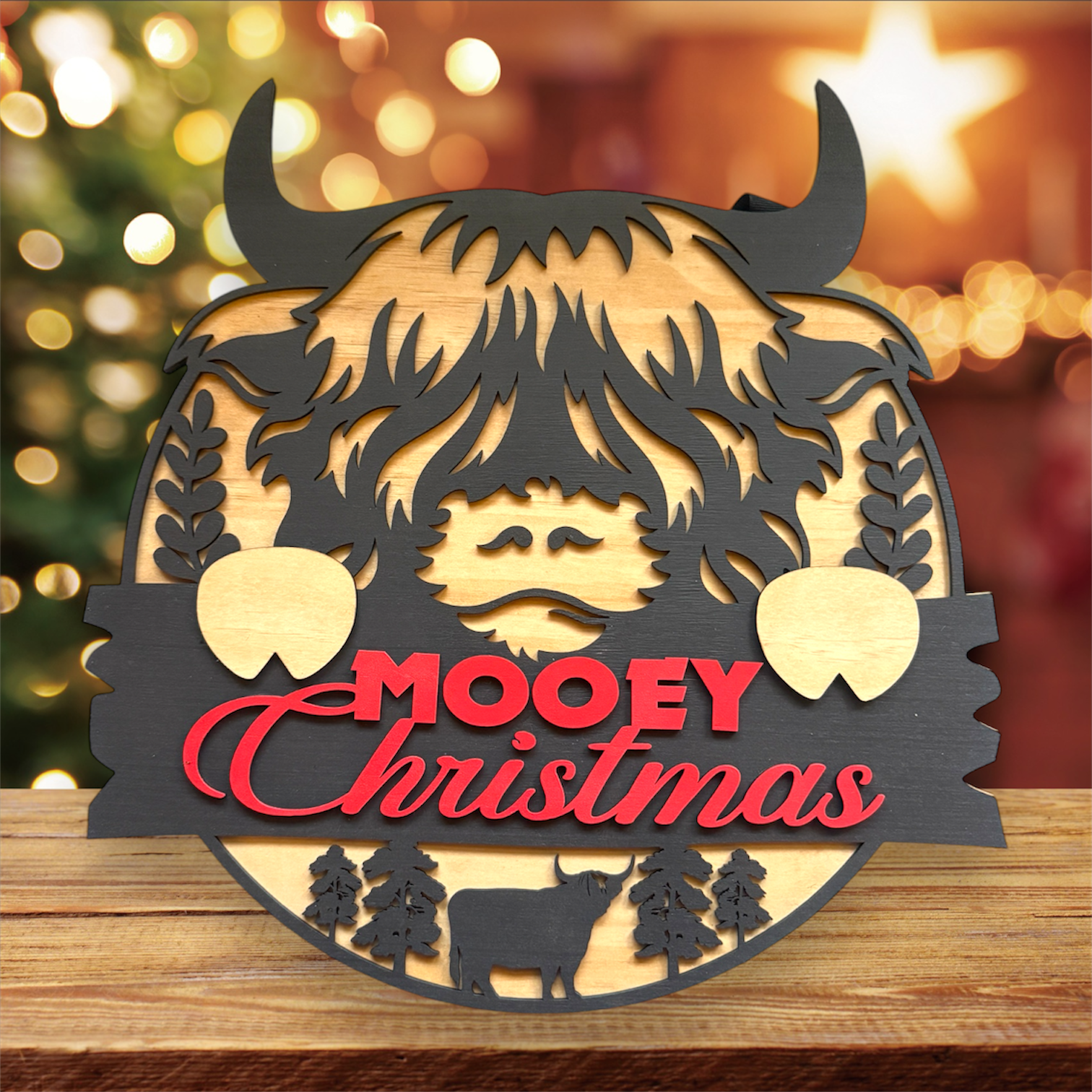 Highland Cow Mooey Christmas handmade laser wood decor 96 and Birch