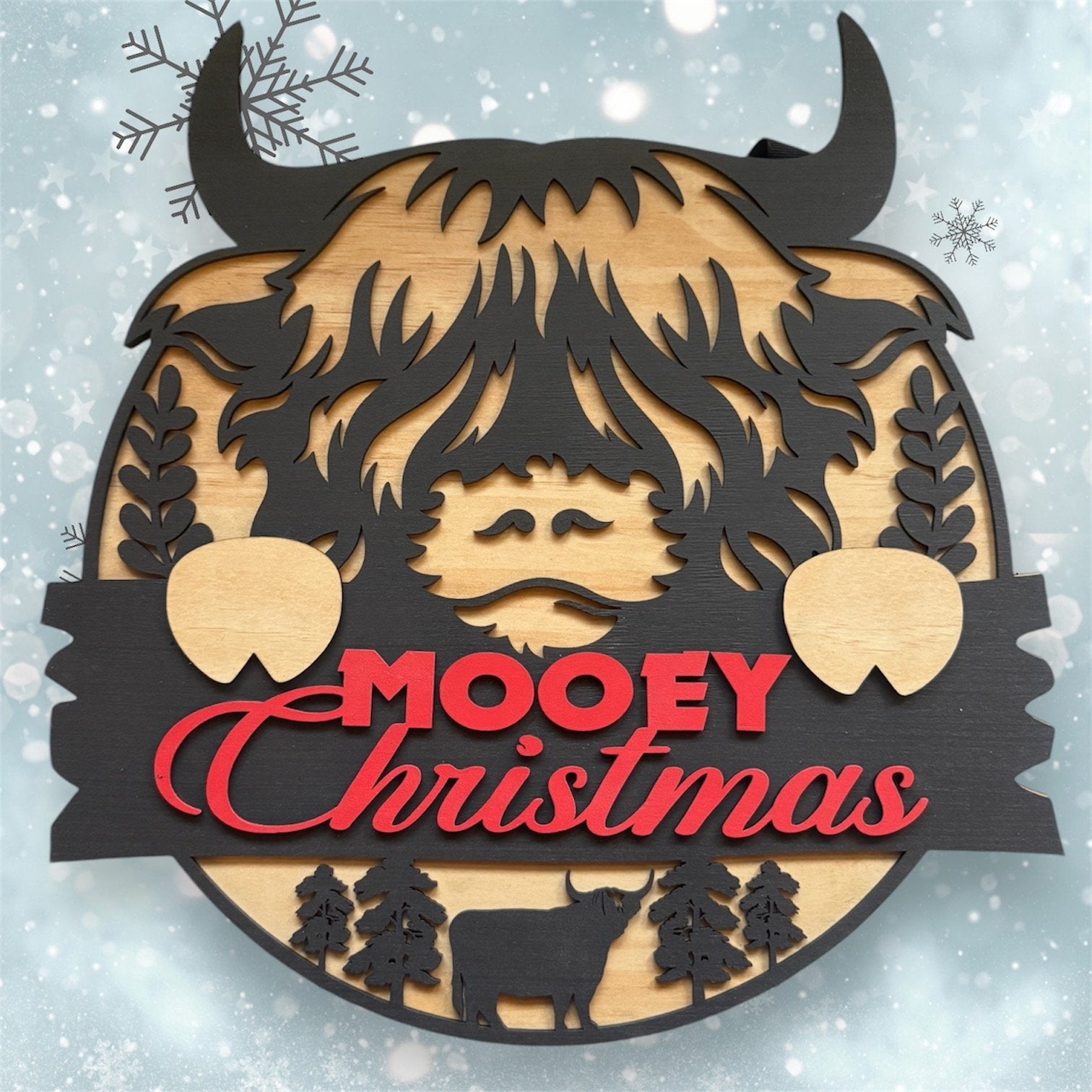 Highland Cow Mooey Christmas handmade laser wood decor 96 and Birch