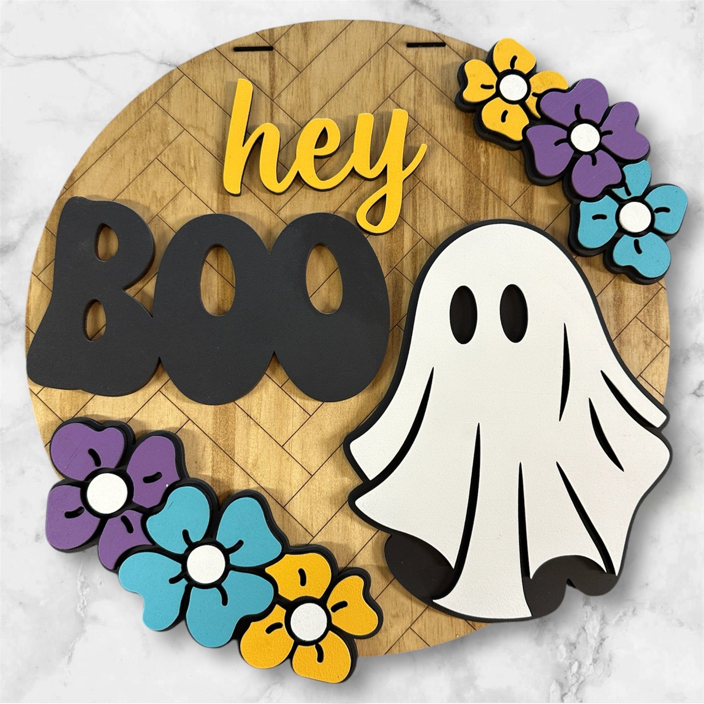 Hey Boo with Flowers handmade laser wood decor 96 and Birch