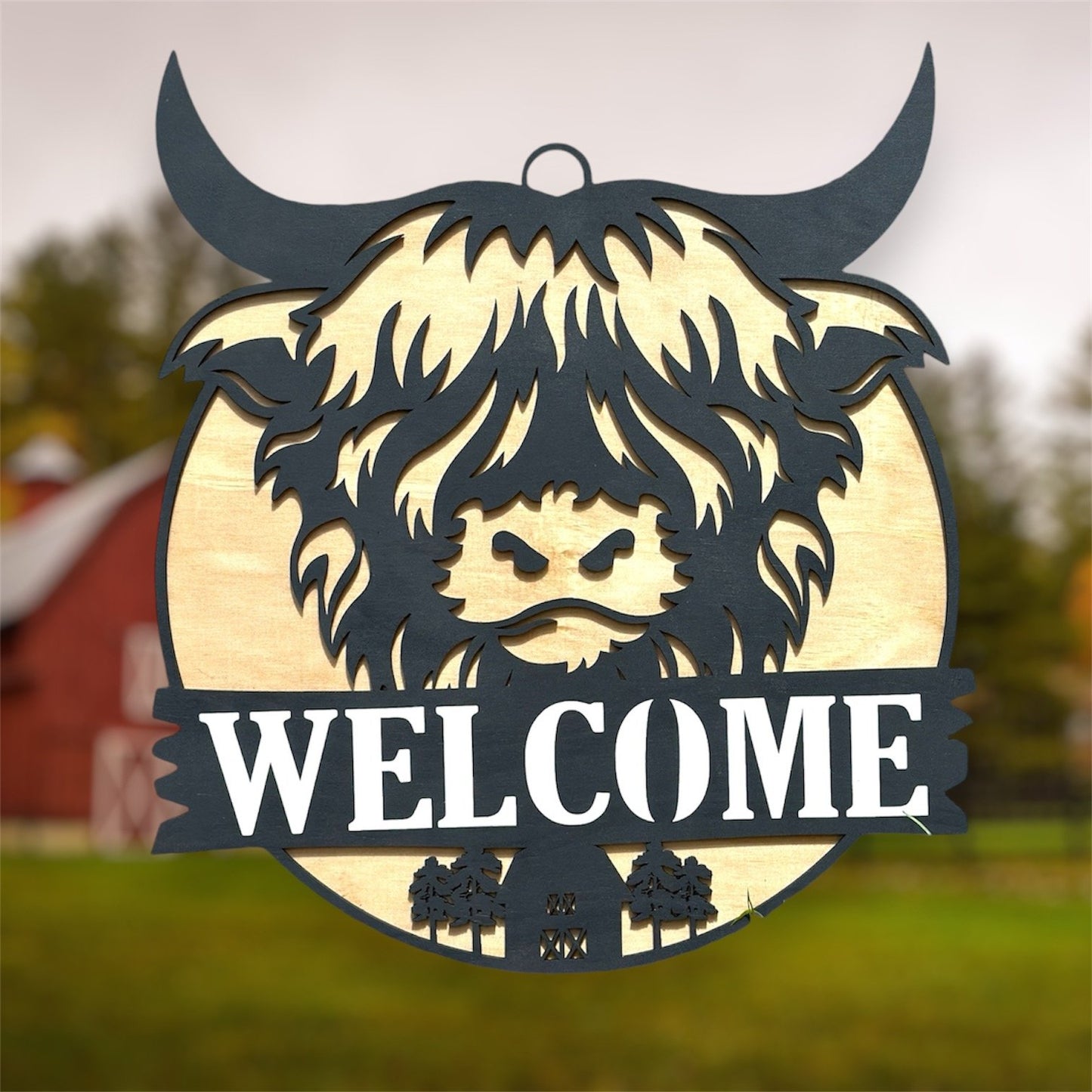 Highland Cow Welcome Barn handmade laser wood decor 96 and Birch