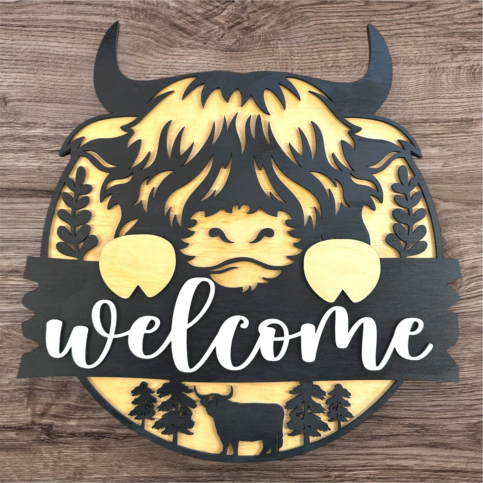 Highland Cow Welcome Cow handmade laser wood decor 96 and Birch