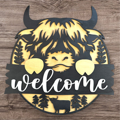 Highland Cow Welcome Cow handmade laser wood decor 96 and Birch