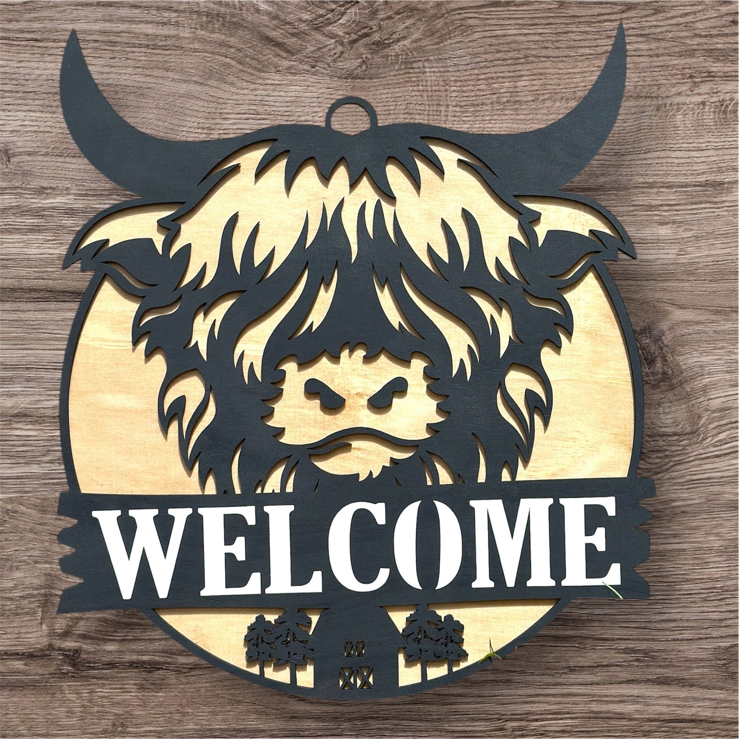Highland Cow Welcome handmade laser wood decor 96 and Birch