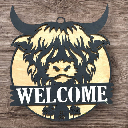 Highland Cow Welcome handmade laser wood decor 96 and Birch