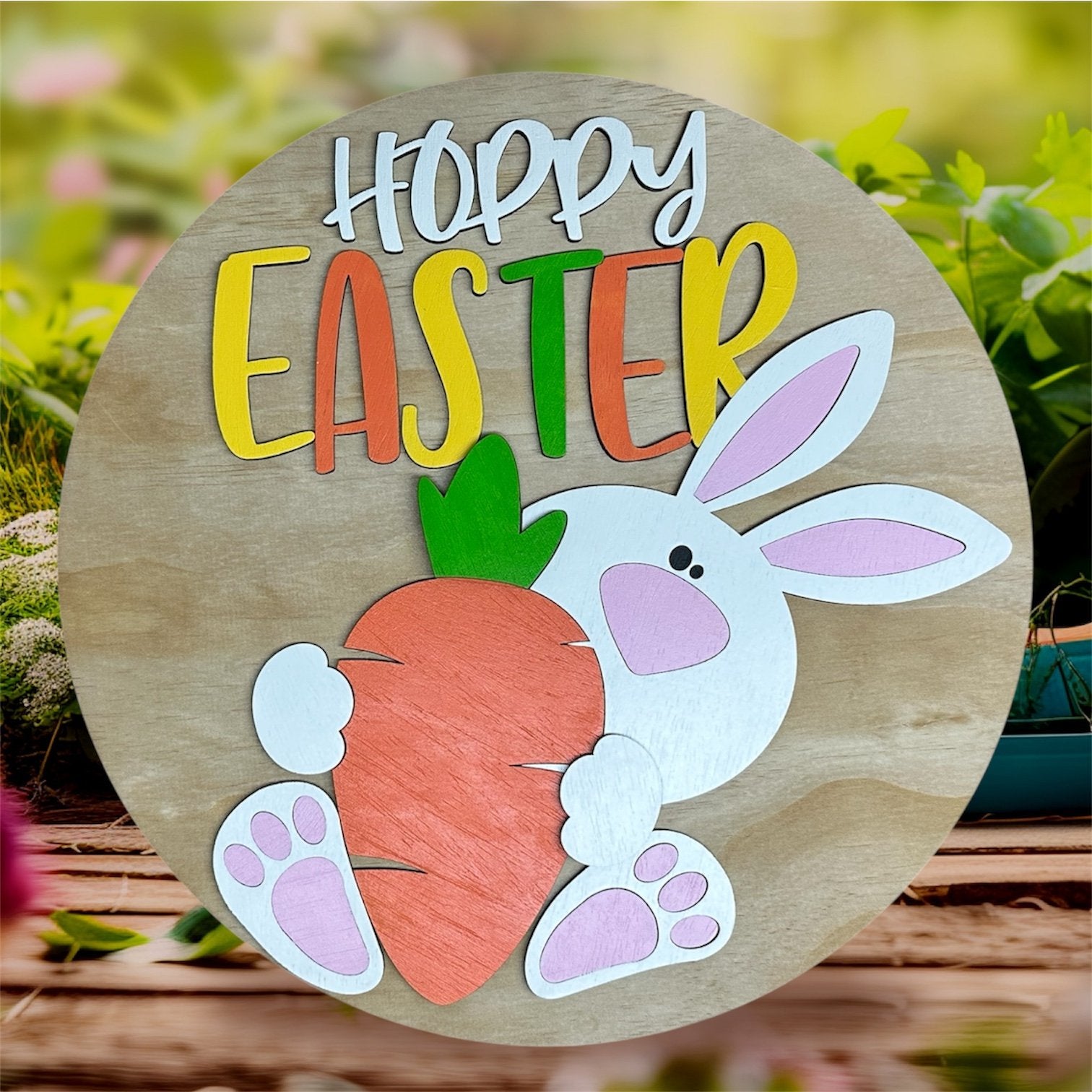 Hoppy Easter Bunny with Carrot Finished handmade laser wood decor 96 and Birch