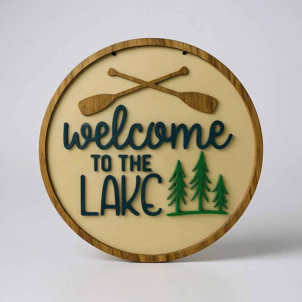 Welcome to the Lake Round 16 handmade laser wood decor 96 and Birch