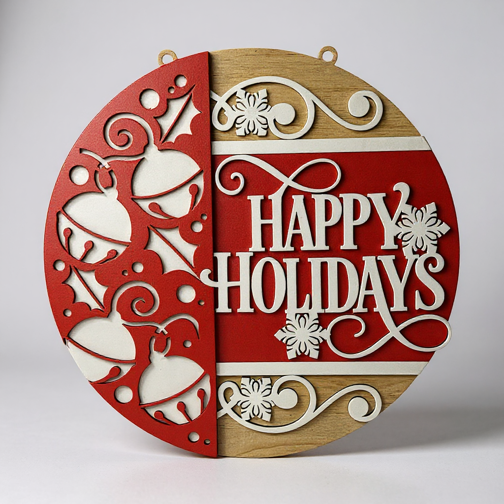 Happy Holidays Bells handmade laser wood decor 96 and Birch