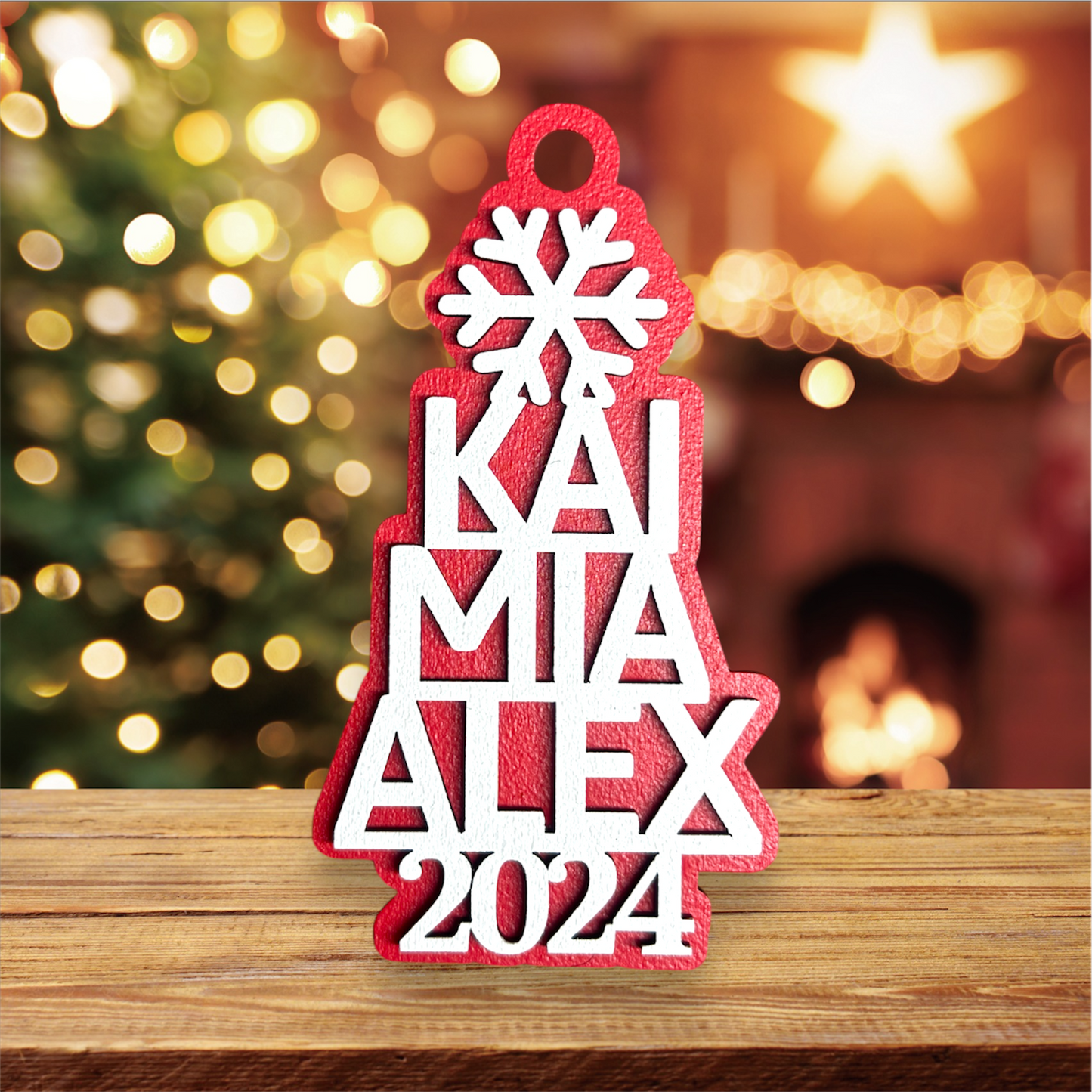 Family Names Ornament Snowflake With Backer handmade laser wood decor 96 and Birch