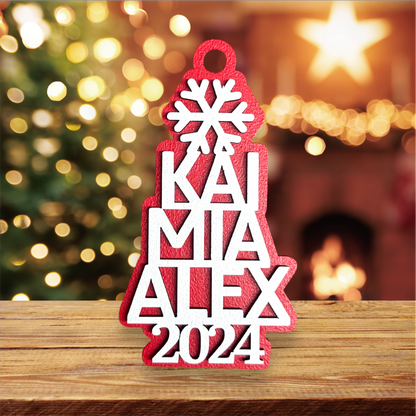 Family Names Ornament Snowflake With Backer handmade laser wood decor 96 and Birch