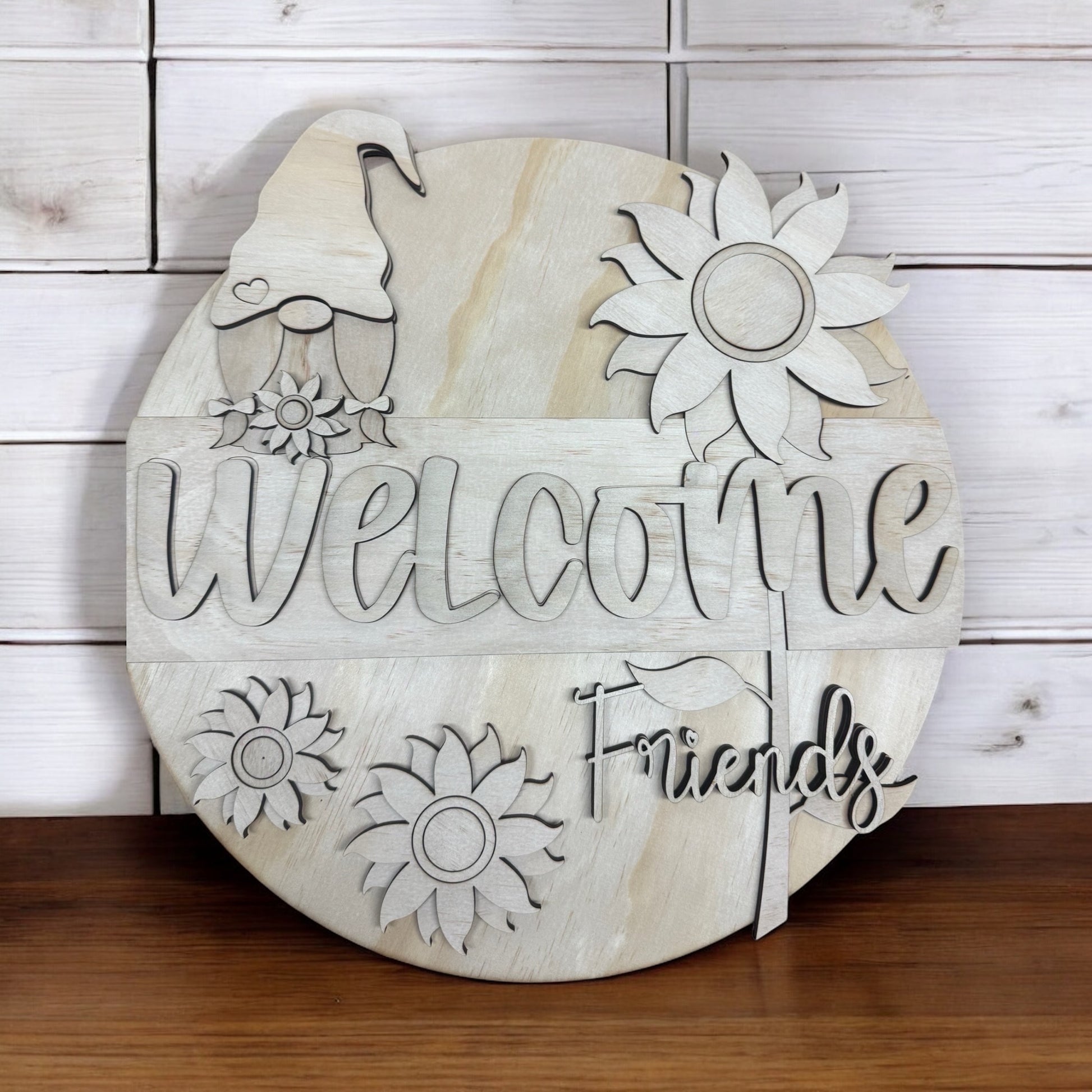 Welcome Friends - Gnome Girl handmade laser wood decor 96 and Birch