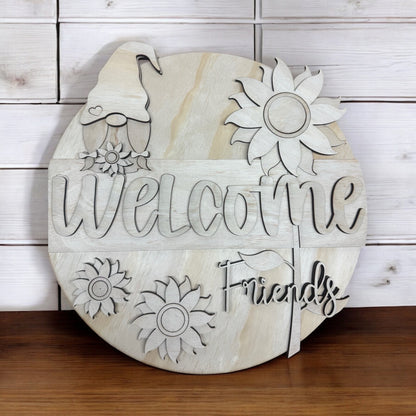 Welcome Friends - Gnome Girl handmade laser wood decor 96 and Birch