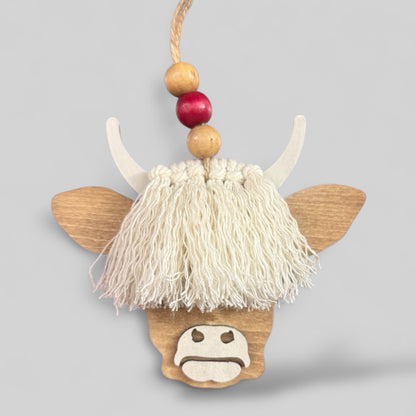 Highland Cow Bangs Ornament handmade laser wood decor 96 and Birch