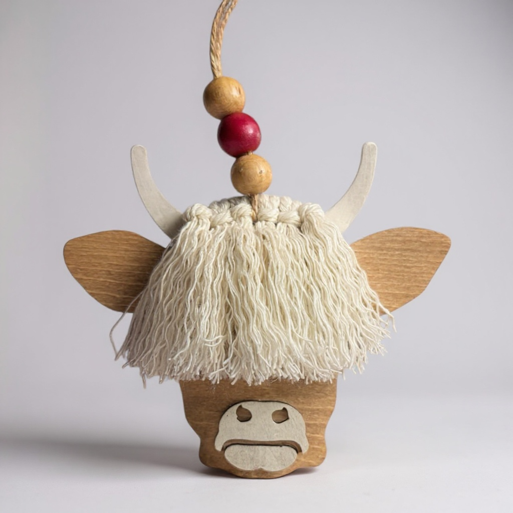 Highland Cow Bangs Ornament handmade laser wood decor 96 and Birch