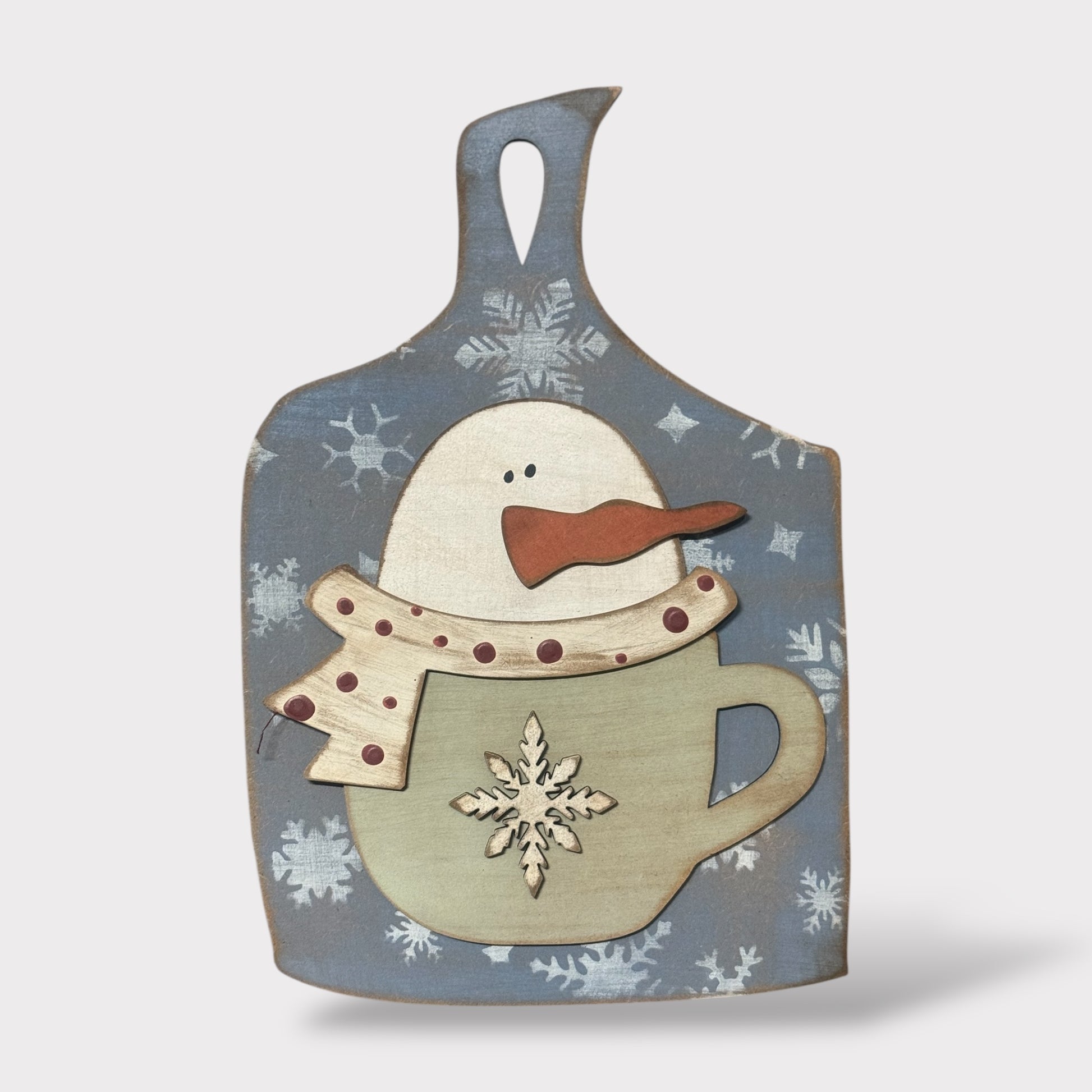 Snowman in a Mug Shelf Sitter handmade laser wood decor 96 and Birch