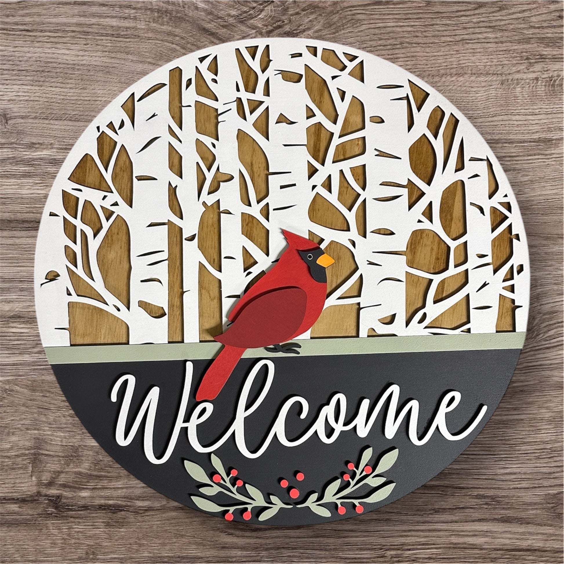 Welcome Cardinal handmade laser wood decor 96 and Birch