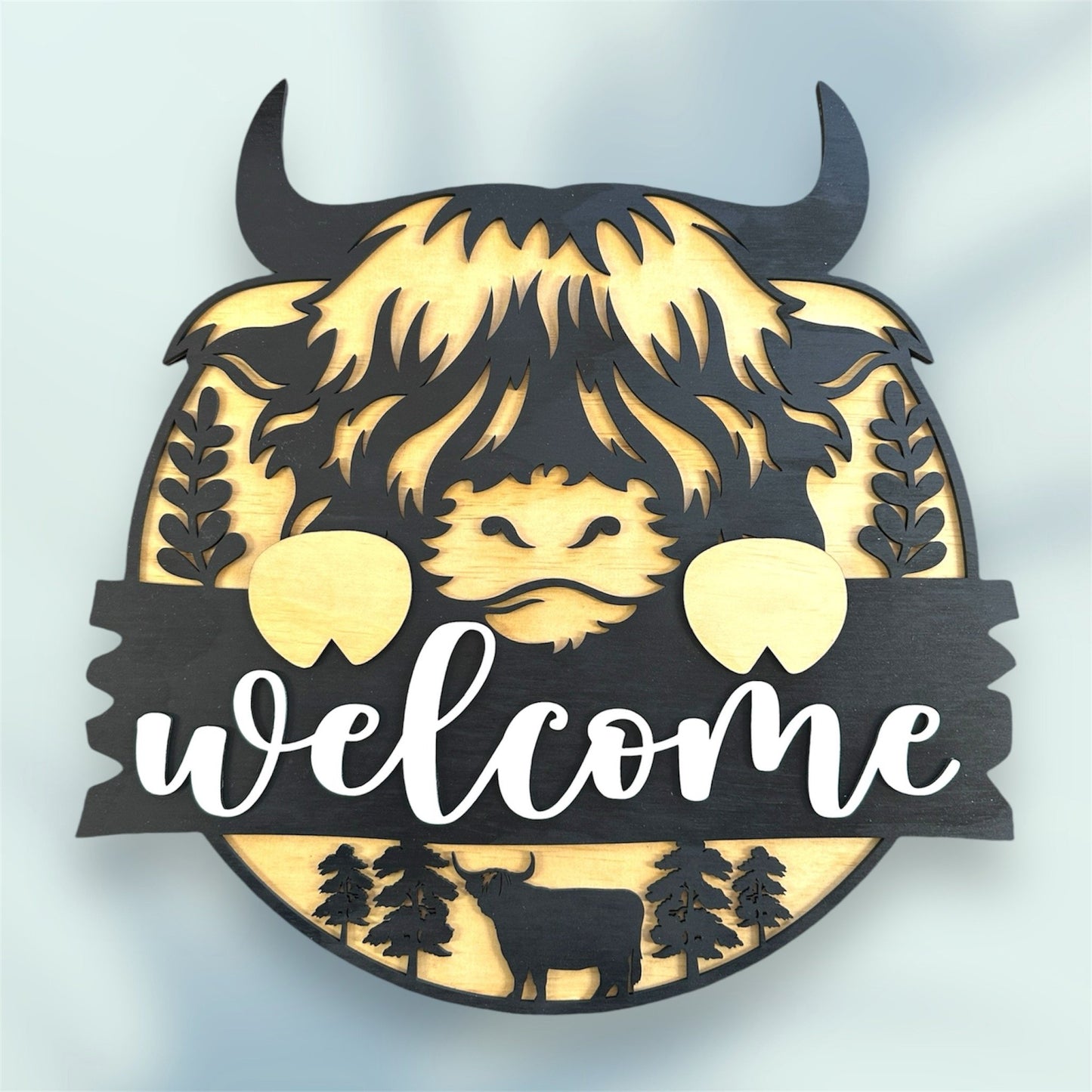 Highland Cow Welcome handmade laser wood decor 96 and Birch