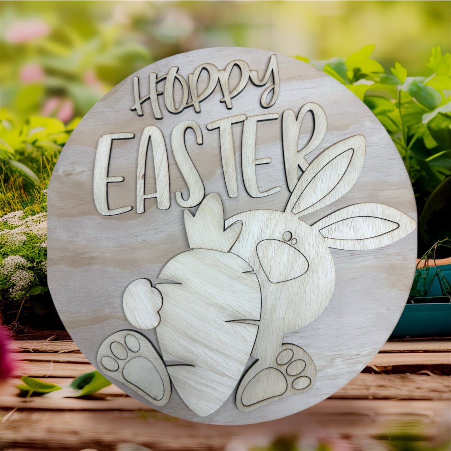 Hoppy Easter Bunny with Carrot Unfinished handmade laser wood decor 96 and Birch